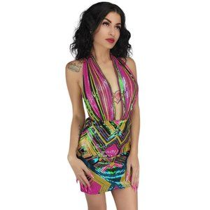 Fashion Nova Backless Mini Skirt Dress w/ Sequence in Multi-Color, X-Small